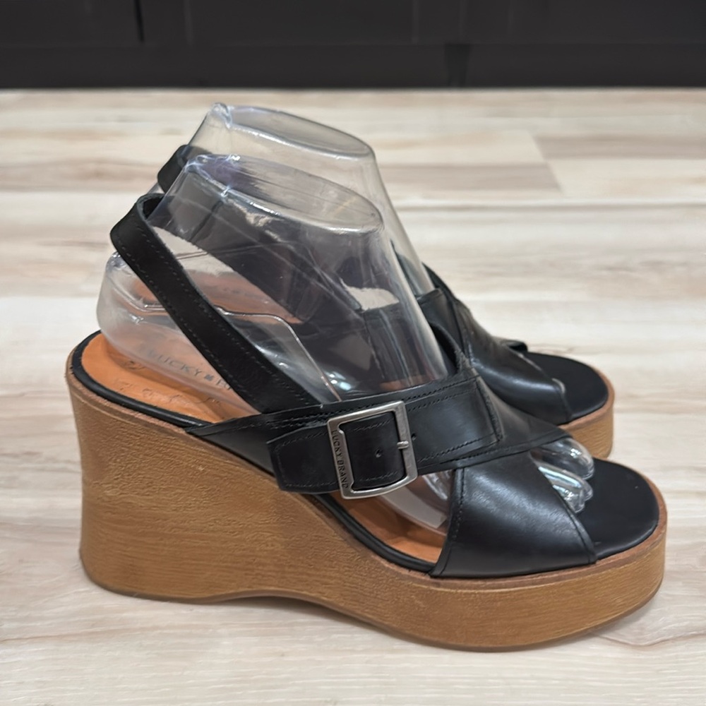 Lucky Brand Delaynee Platform Wedge Sandals | Black Leather Slingback Size 8 NWT